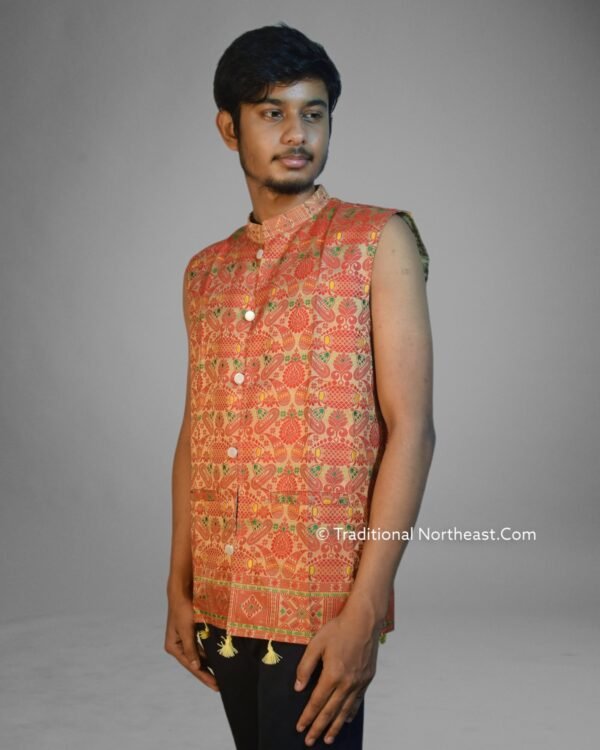 WaistCoat -Men - Assamese Gamosa Design - Synt Silk &ndash; Traditional NorthEast