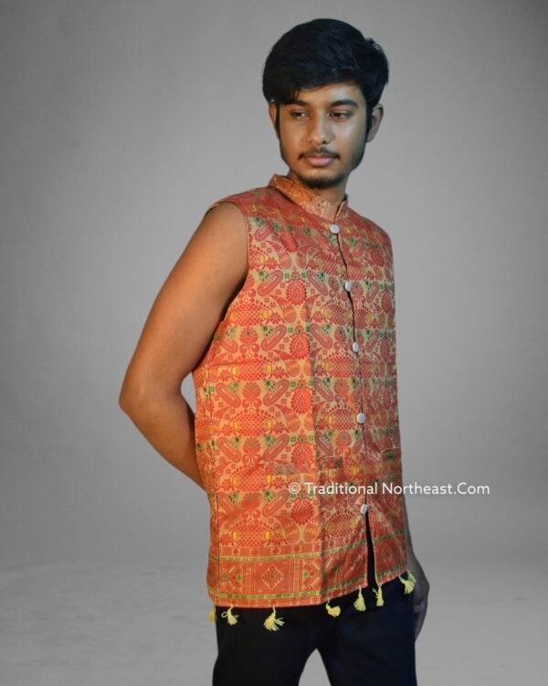 WaistCoat -Men - Assamese Gamosa Design - Synt Silk &ndash; Traditional NorthEast