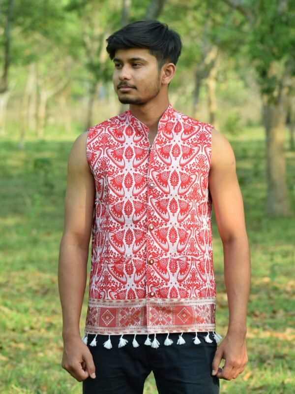 WaistCoat -Men - Assamese Gamosa Design with Dahibuta &ndash; Traditional NorthEast