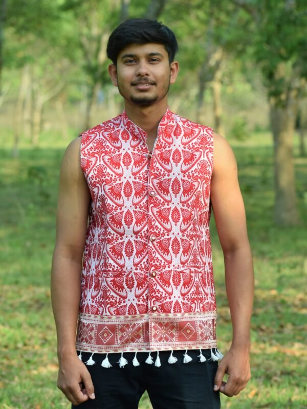 WaistCoat -Men - Assamese Gamosa Design with Dahibuta &ndash; Traditional NorthEast