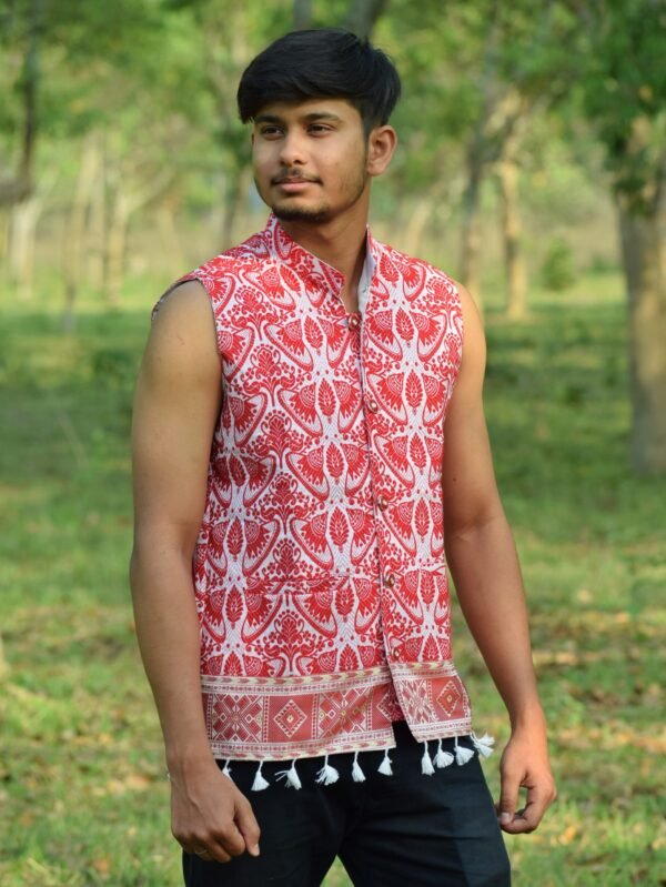 WaistCoat -Men - Assamese Gamosa Design with Dahibuta &ndash; Traditional NorthEast