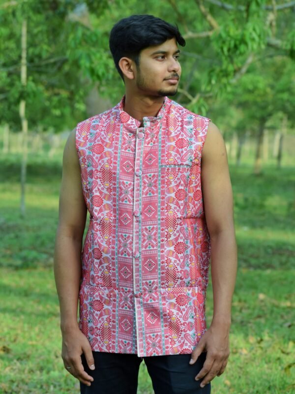 WaistCoat -Men - Assamese Gamosa Design - Silk &ndash; Traditional NorthEast