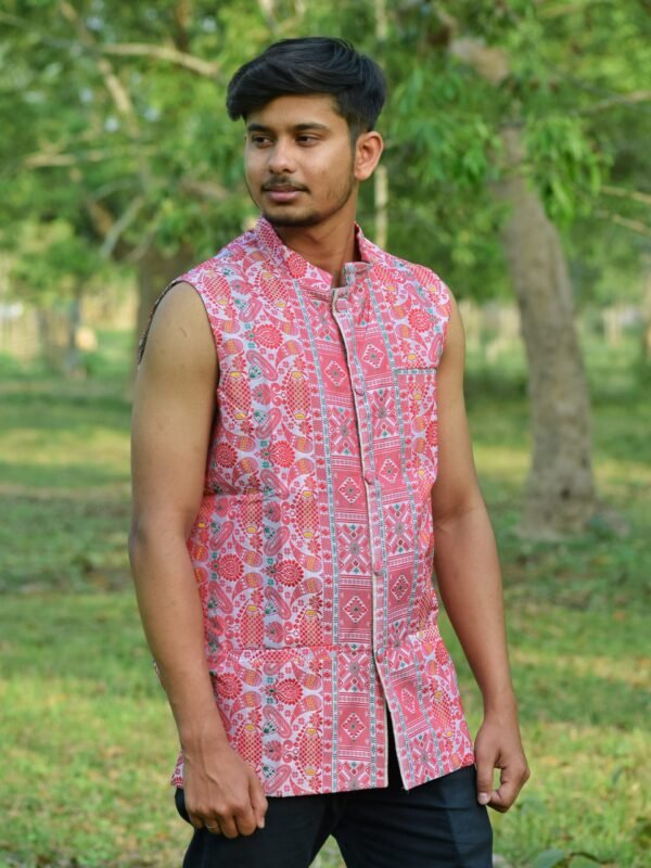 WaistCoat -Men - Assamese Gamosa Design - Silk &ndash; Traditional NorthEast